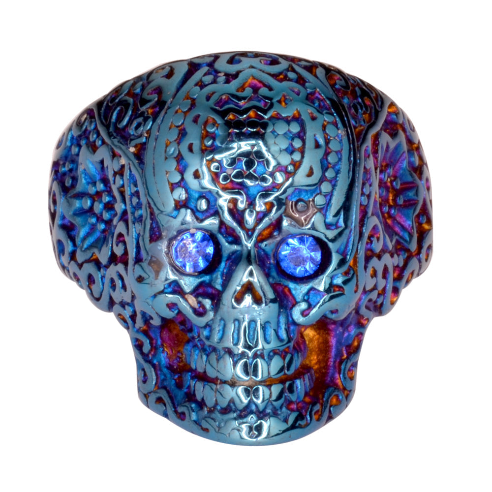 SK1773 Ladies Blue Imitation Eyes Skull Ring Blue Edition Stainless Steel Motorcycle Jewelry Size 6-10