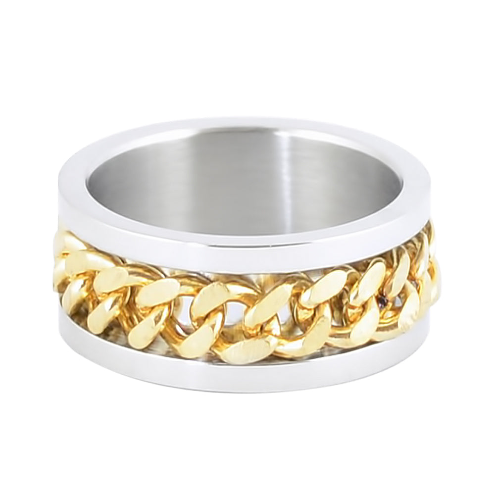 SK1780C Silver/Gold Edition Gents Cuban Link Spinner Ring Stainless Steel Motorcycle Jewelry Size 8-15