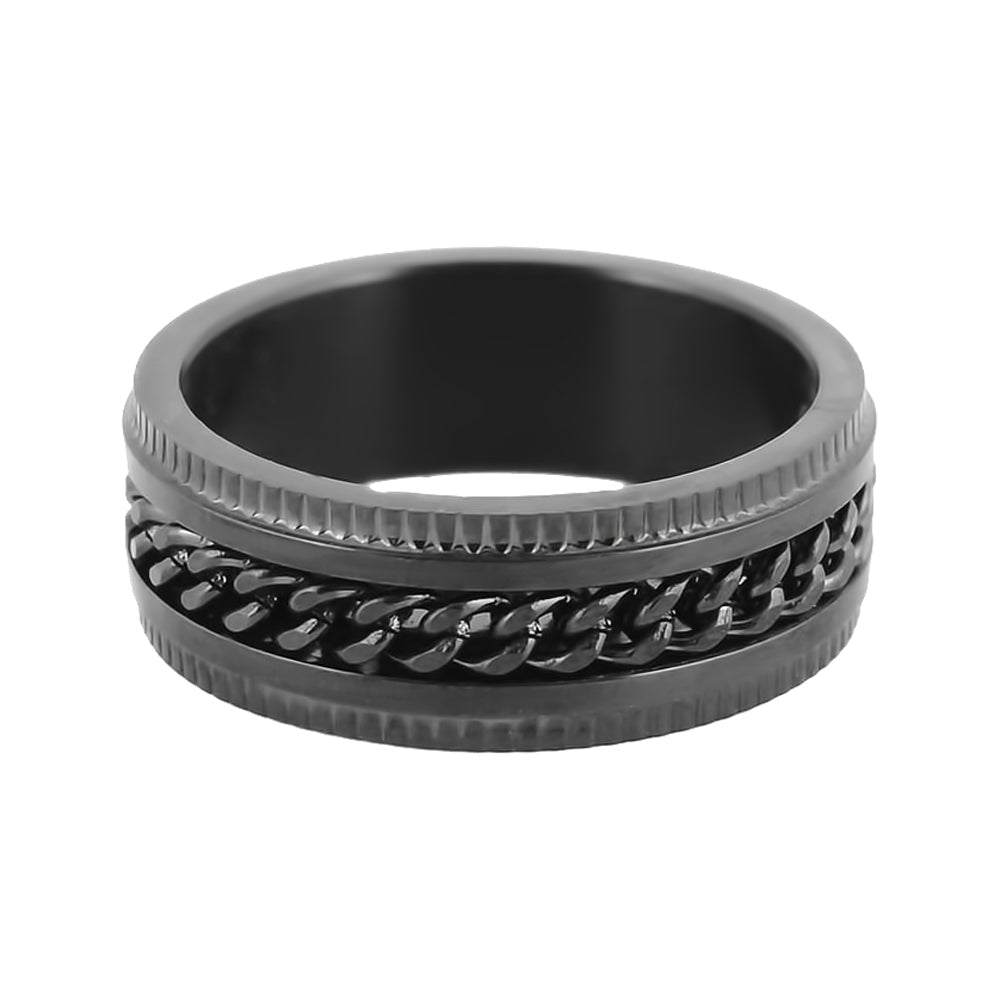 SK1780A Black/Black Edition Gents Cuban Link Spinner Ring Stainless Steel Motorcycle Jewelry Size 8-15