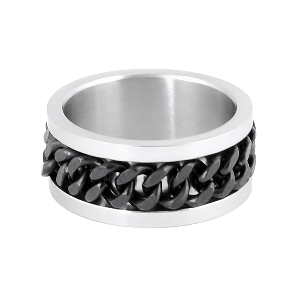 SK1780B Silver/Black Edition Gents Cuban Link Spinner Ring Stainless Steel Motorcycle Jewelry Size 8-15