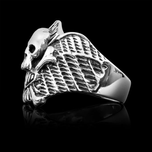 Sterling Silver Winged Skull And Crossbones Shield Ring