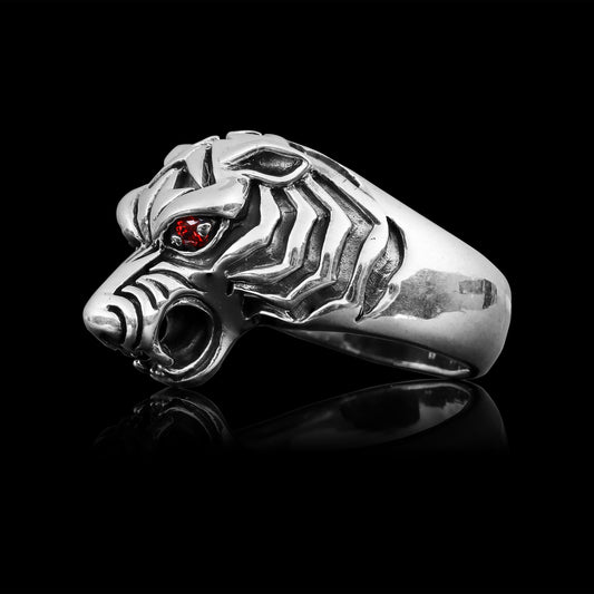 Sterling Silver Red CZ Eyed Tiger Ring