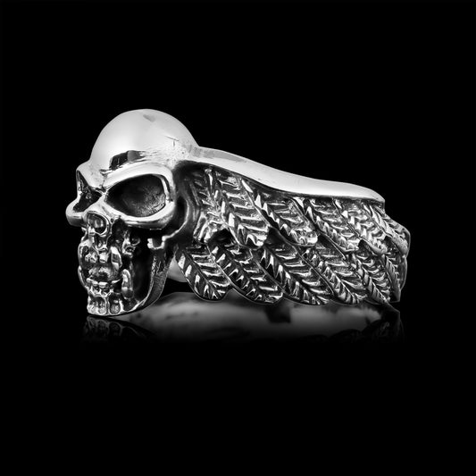 Sterling Silver Fanged Skull with Wings Ring