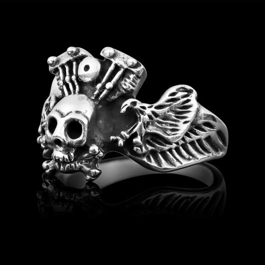Sterling Silver Winged Skull & Crossbones Eagle Engine Ring