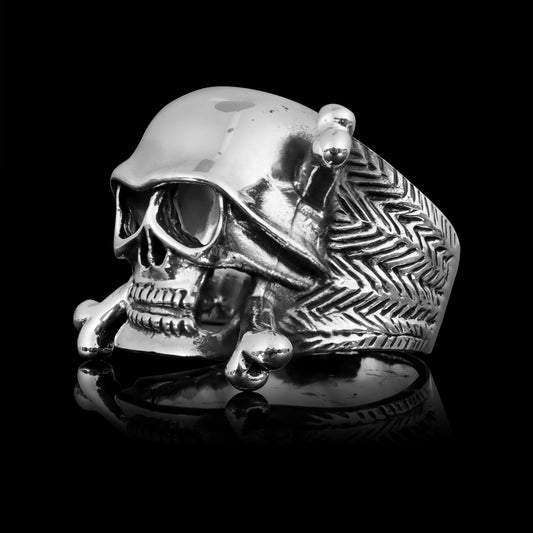 Sterling Silver Helmet Skull and Crossbones Ring