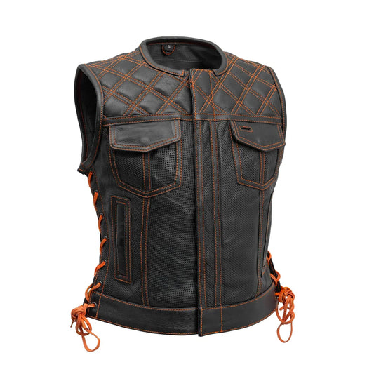 Bonnie Perforated Women's Motorcycle Leather Vest Orange and Grey