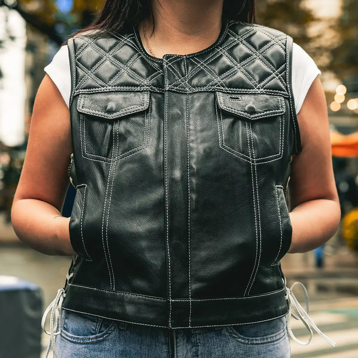 Bonnie - Women's Motorcycle Leather Vest - Diamond Quilt