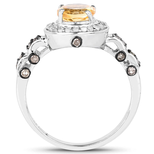 1.06 Carat Genuine Citrine, Champagne Diamond & White Diamond .925 Sterling Silver Ring