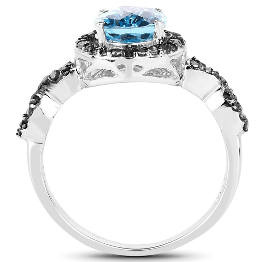 2.92 Carat Genuine Blue Topaz, Black Diamond & White Diamond .925 Sterling Silver Ring