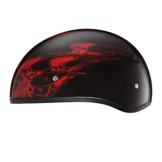 DOT Approved Daytona Motorcycle Half Face Helmet - Skull Cap Graphics for Men & Women, Scooters, ATVs, UTVs & Choppers - W/ Skull Flames Red