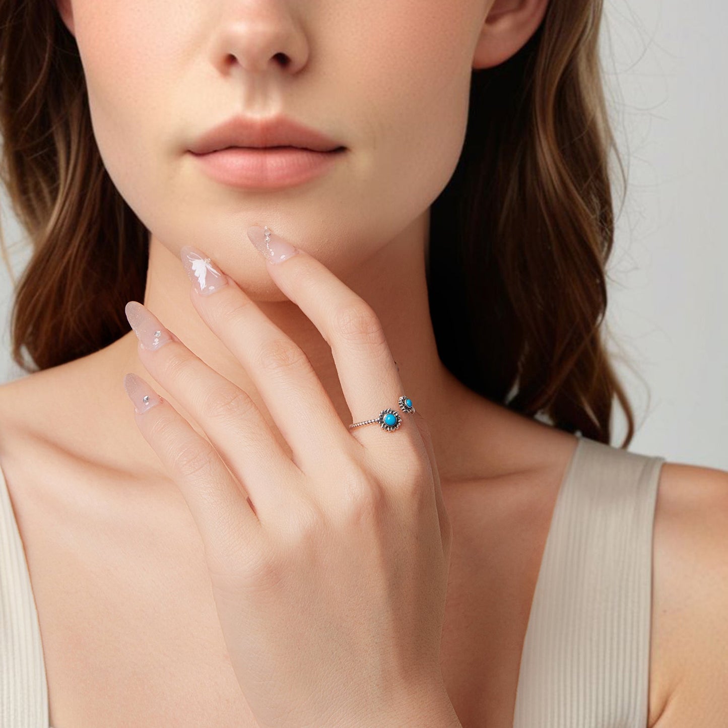 925 Sterling Silver Synthetic Turquoise Ring for Women - Oxidized Silver, Width: 0.12cm, Size: 0.5-0.7cm
