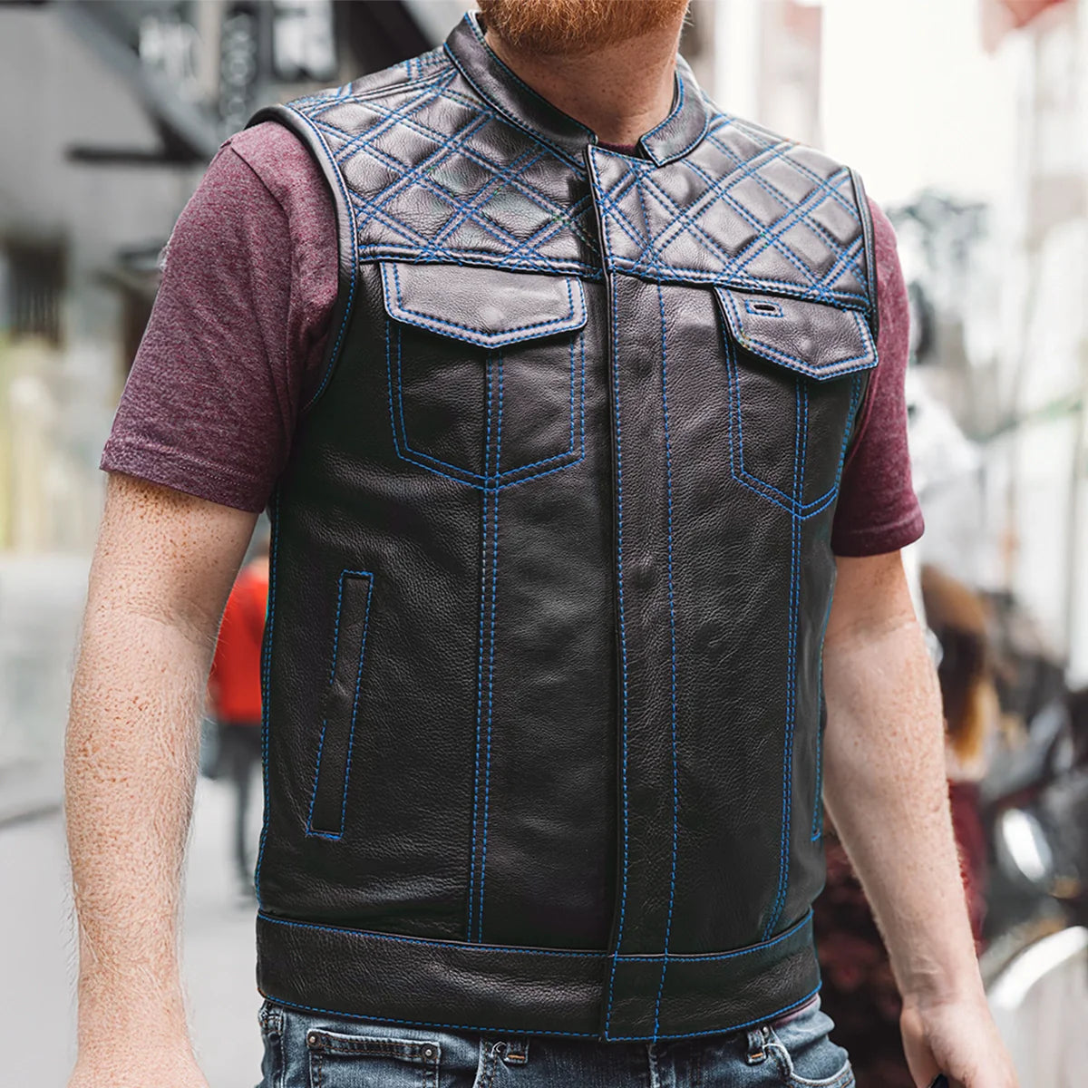 Downside Men's Motorcycle Leather Vest Orange and Green