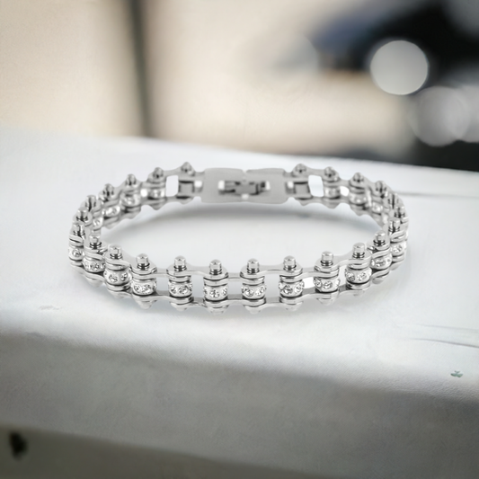 SK2005 April 3/8" Wide Clear Crystals Stainless Steel Motorcycle Bike Chain Bracelet