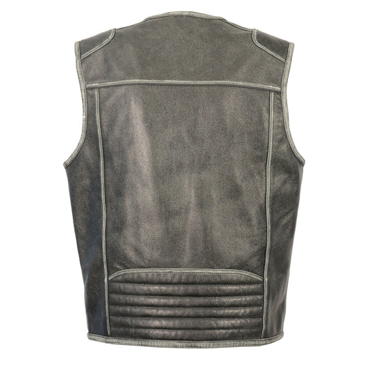 Milwaukee Leather MLM3536 Men's Distressed Grey Leather Collarless Motorcycle Rider Vest
