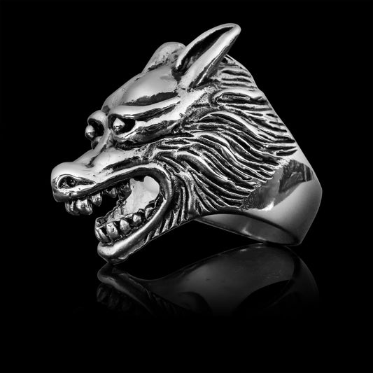 Stainless Steel Polished Snarling Wolf Ring