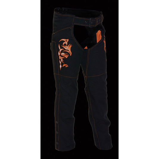 Milwaukee Leather SH1182 Women's Black with Orange Textile Motorcycle Riding Chaps with Tribal Embroidery