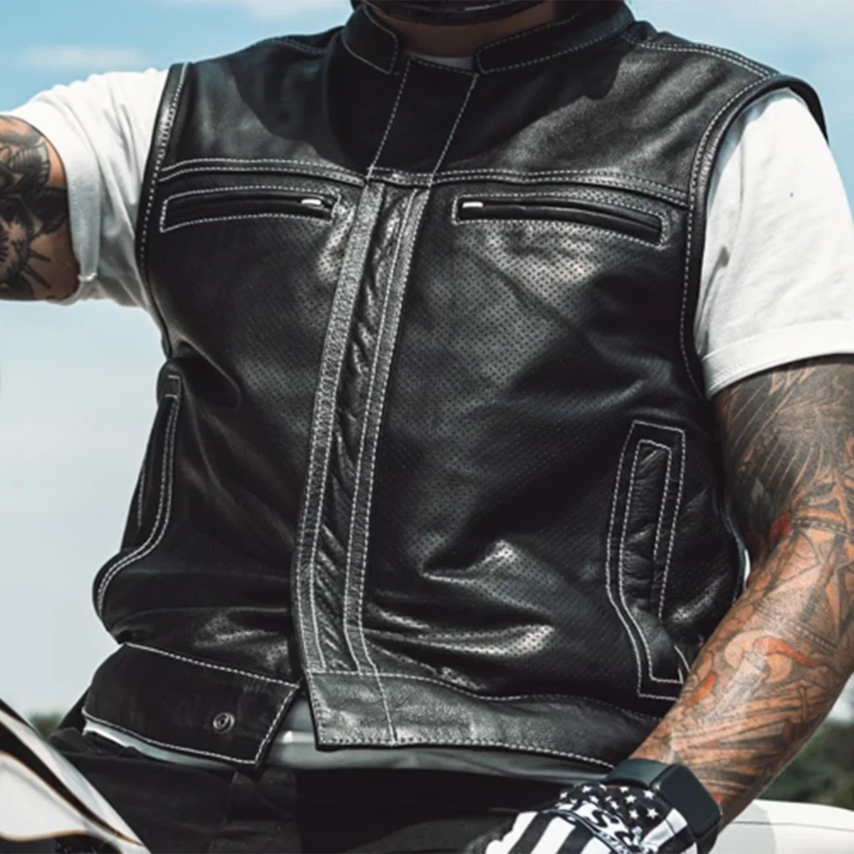 Sharp Shooter Perforated Men's Motorcycle Leather Vest