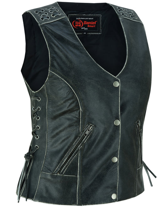 Women's Gray Vest with Grommet and Lacing Accents