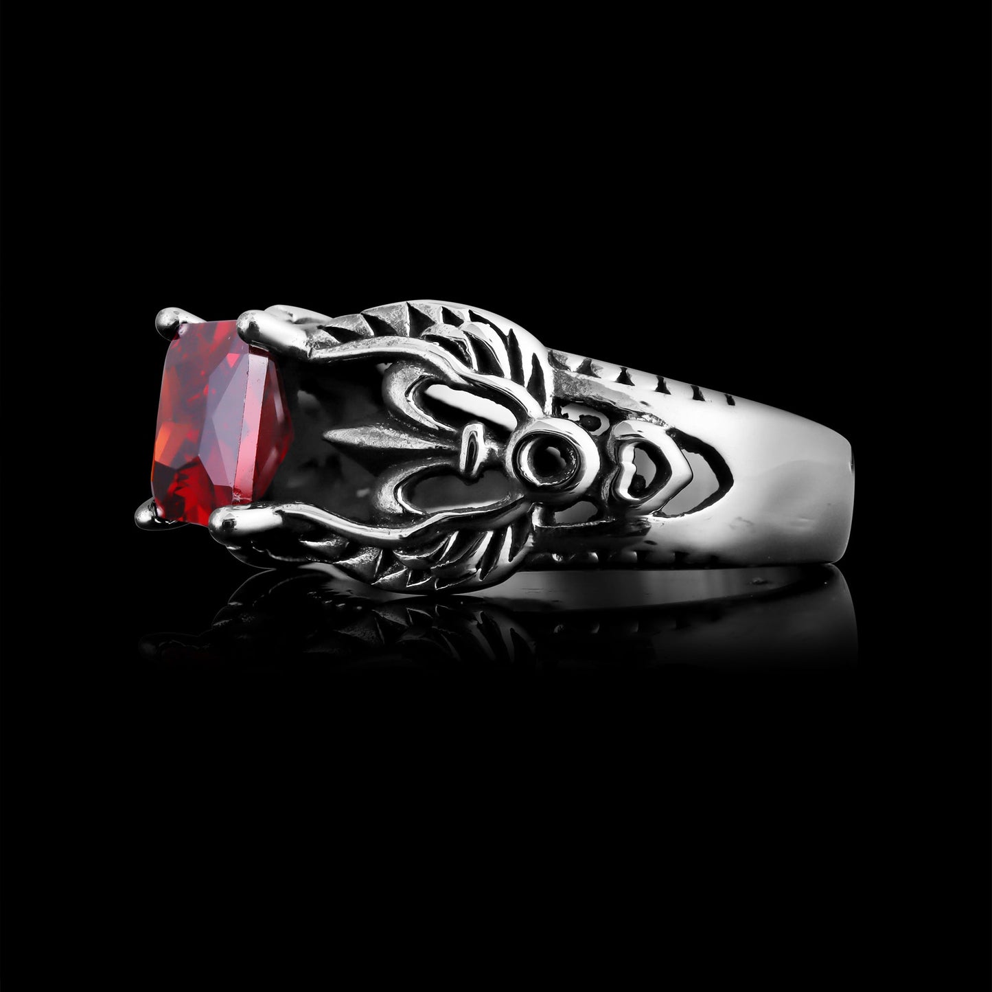 Stainless Steel Red CZ Center Fleur De Lis Ring