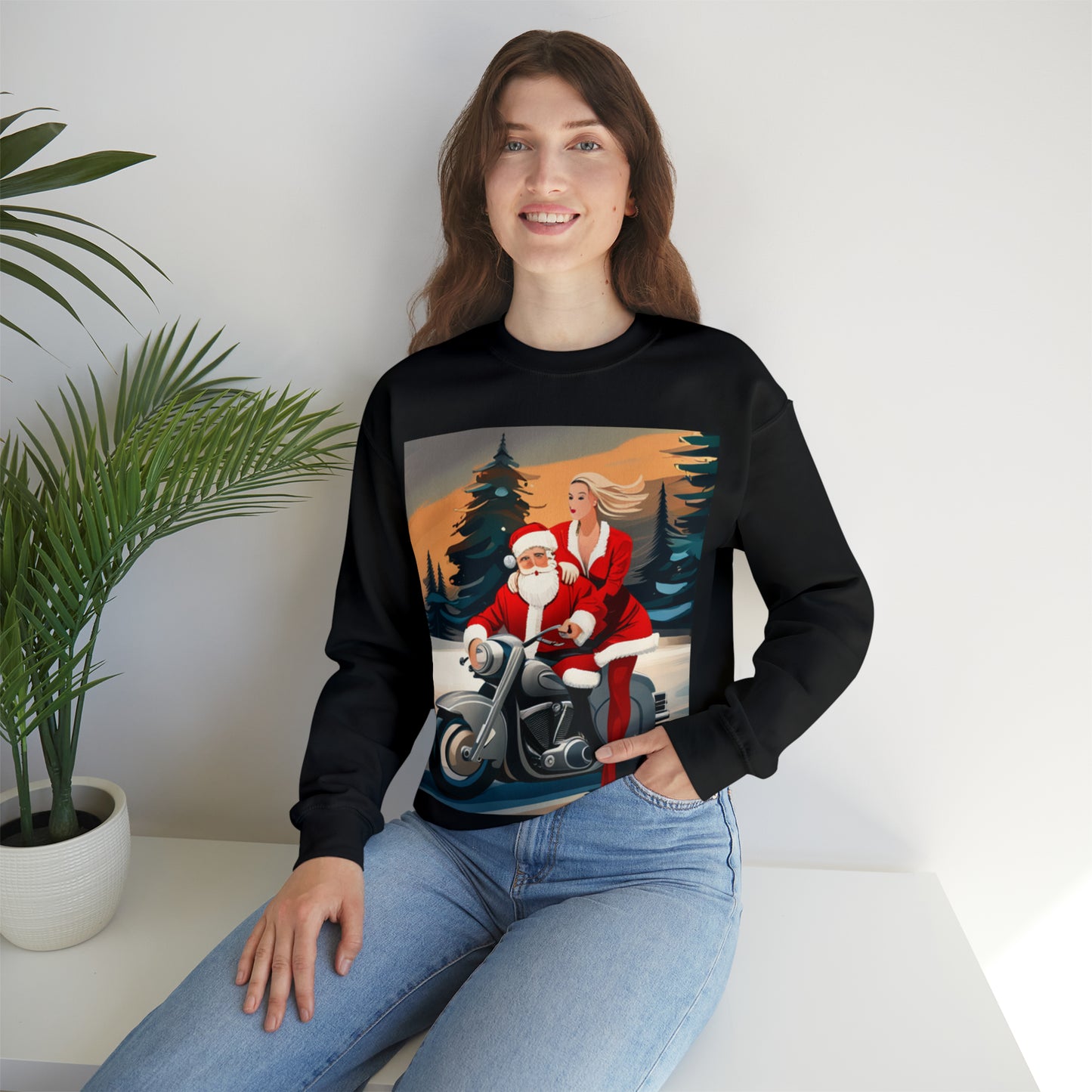 Unisex Motorcycle Biker Santa with Mrs. Claus Crewneck Sweatshirt