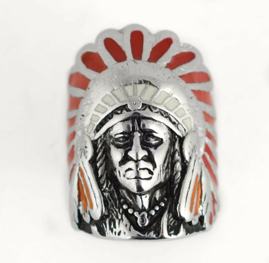 SK1085 Gents Indian Head Ring With Green Enamel Stainless Steel Motorcycle Jewelry