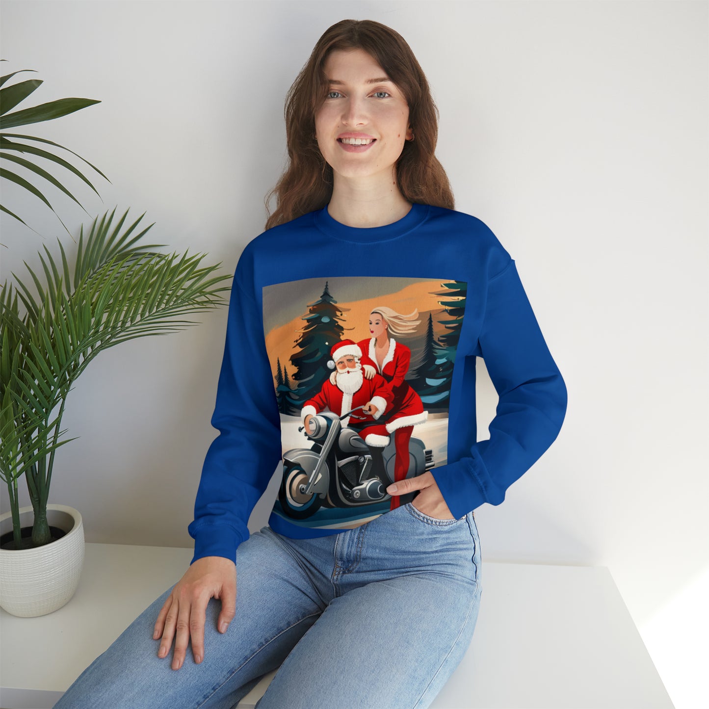 Unisex Motorcycle Biker Santa with Mrs. Claus Crewneck Sweatshirt