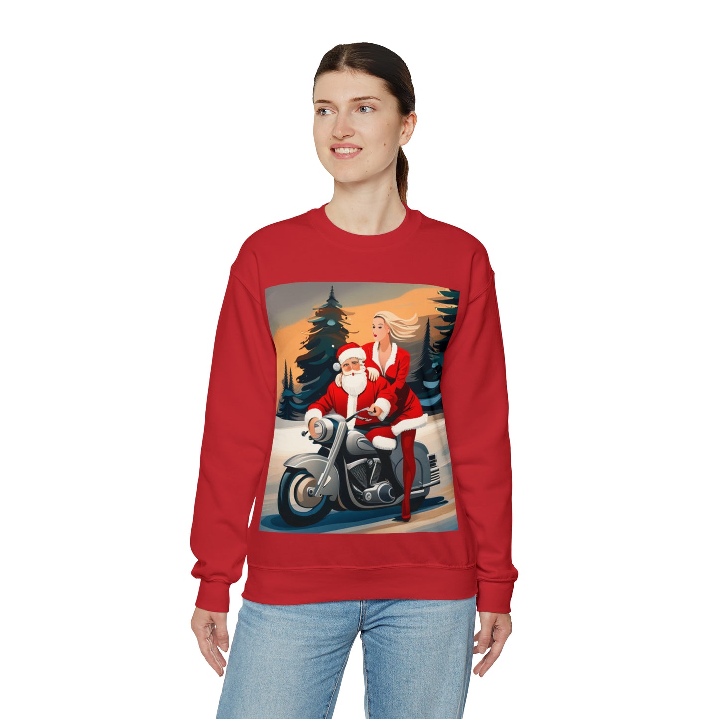 Unisex Motorcycle Biker Santa with Mrs. Claus Crewneck Sweatshirt