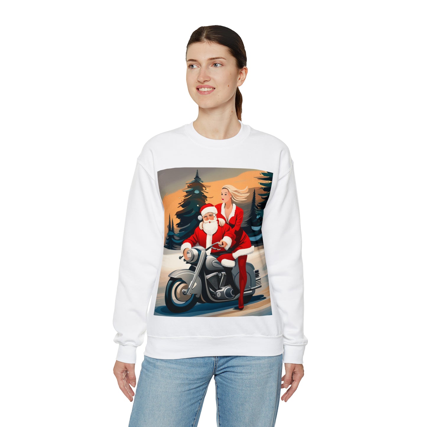 Unisex Motorcycle Biker Santa with Mrs. Claus Crewneck Sweatshirt