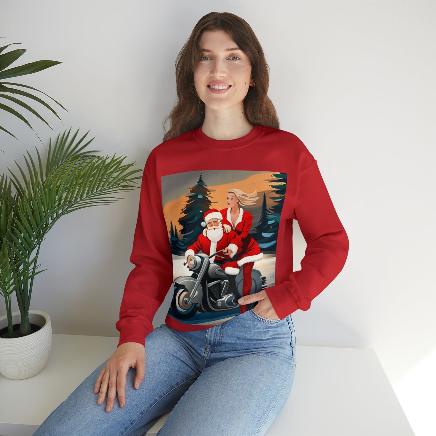 Unisex Motorcycle Biker Santa with Mrs. Claus Crewneck Sweatshirt