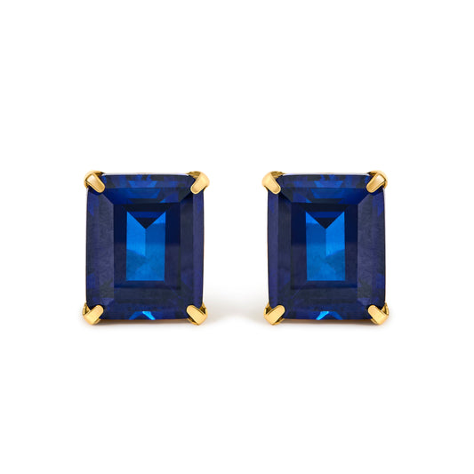 18K Yellow Gold 10x8 MM Lab Created Blue Sapphire Emerald Cut Solitaire Stud Earrings
