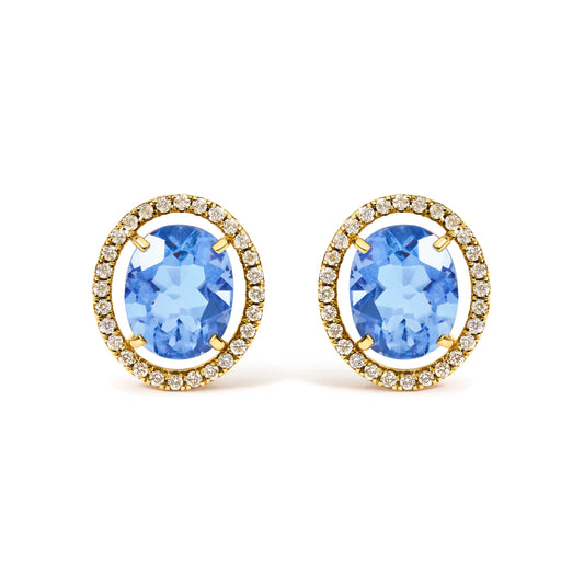 18K Yellow Gold 8X10 MM Blue Fluorite Oval and 1/2 Cttw Diamond Halo Stud Earrings