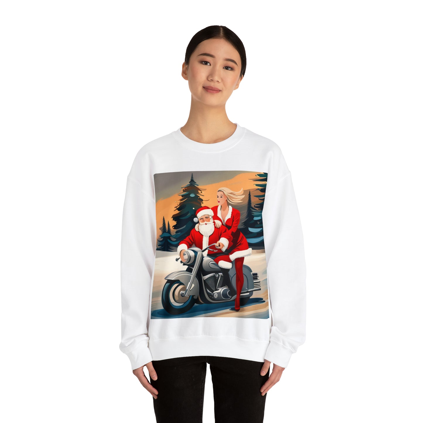 Unisex Motorcycle Biker Santa with Mrs. Claus Crewneck Sweatshirt