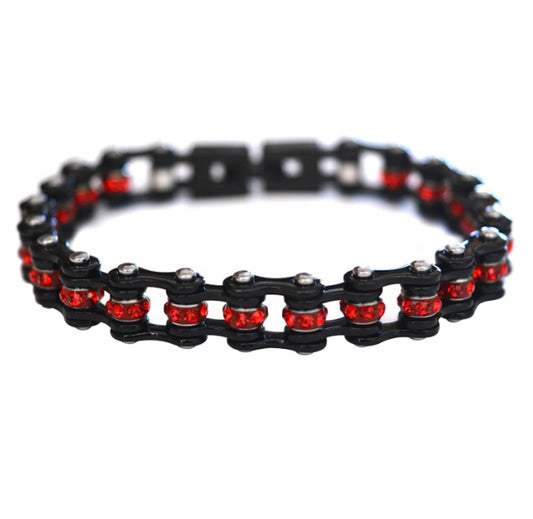 SK2007 3/8" Wide MINI MINI SIZE All Black With Red Crystal Centers Stainless Steel Motorcycle Bike Chain Bracelet