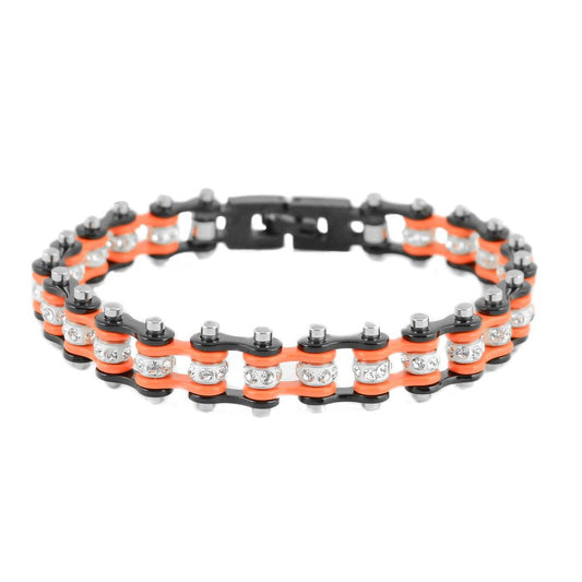 SK2012 3/8" Wide MINI MINI SIZE Two Tone Black Orange With White Crystal Centers Stainless Steel Motorcycle Bike Chain Bracelet