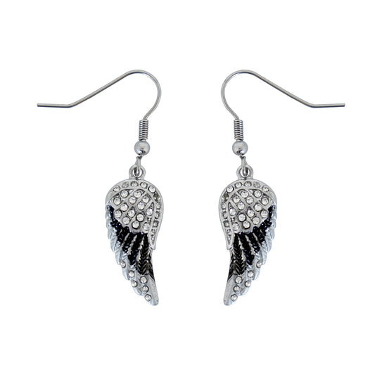 SK2537 Mini Black Painted Winged French Wire Earring White Imitation Crystals