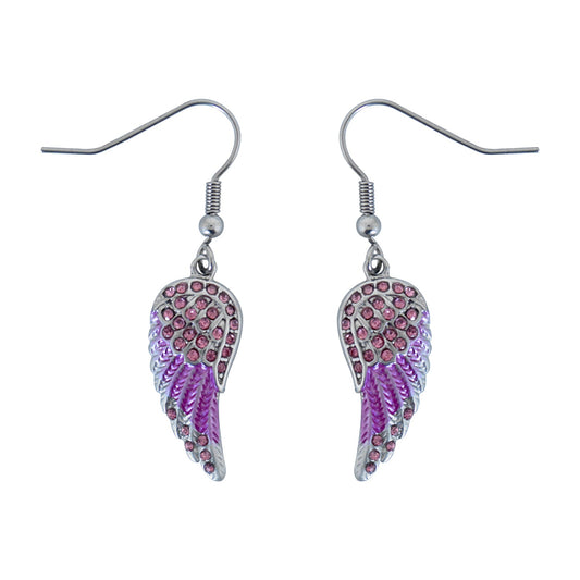 SK2538 Mini Pink Painted Winged French Wire Earring White Imitation Crystals