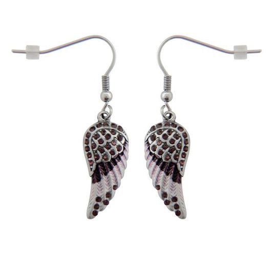 SK2539 Mini Purple Painted Winged French Wire Earring White Imitation Crystals