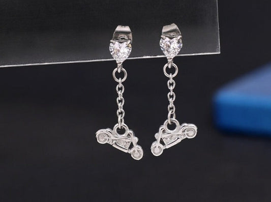SK2707E Heart Crystal Motorcycle Earrings - Clear Stone