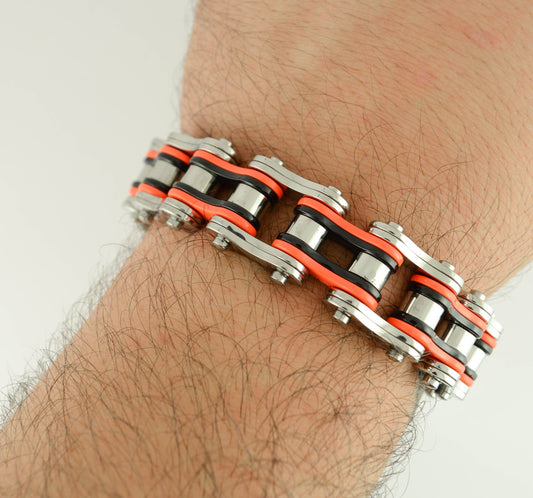 SK1260 Tri-Color Silver Orange Black 3/4" Wide Double Link Design Unisex Stainless Steel Motorcycle Chain Bracelet