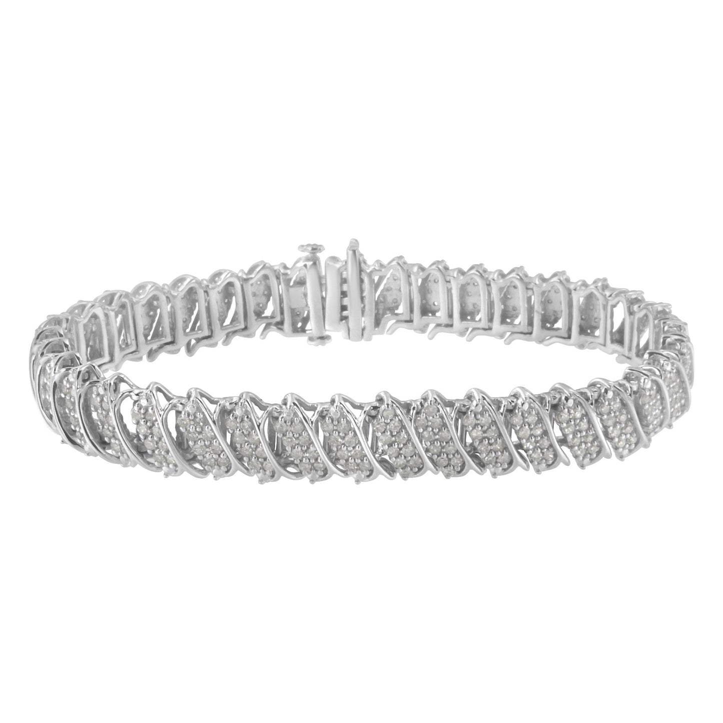.925 Sterling Silver 3.0 Cttw Diamond Multi Row Cluster Slanted Wave Link 7-Â¼â€ Tennis Bracelet (I-J Color, I2-I3 Clarity)