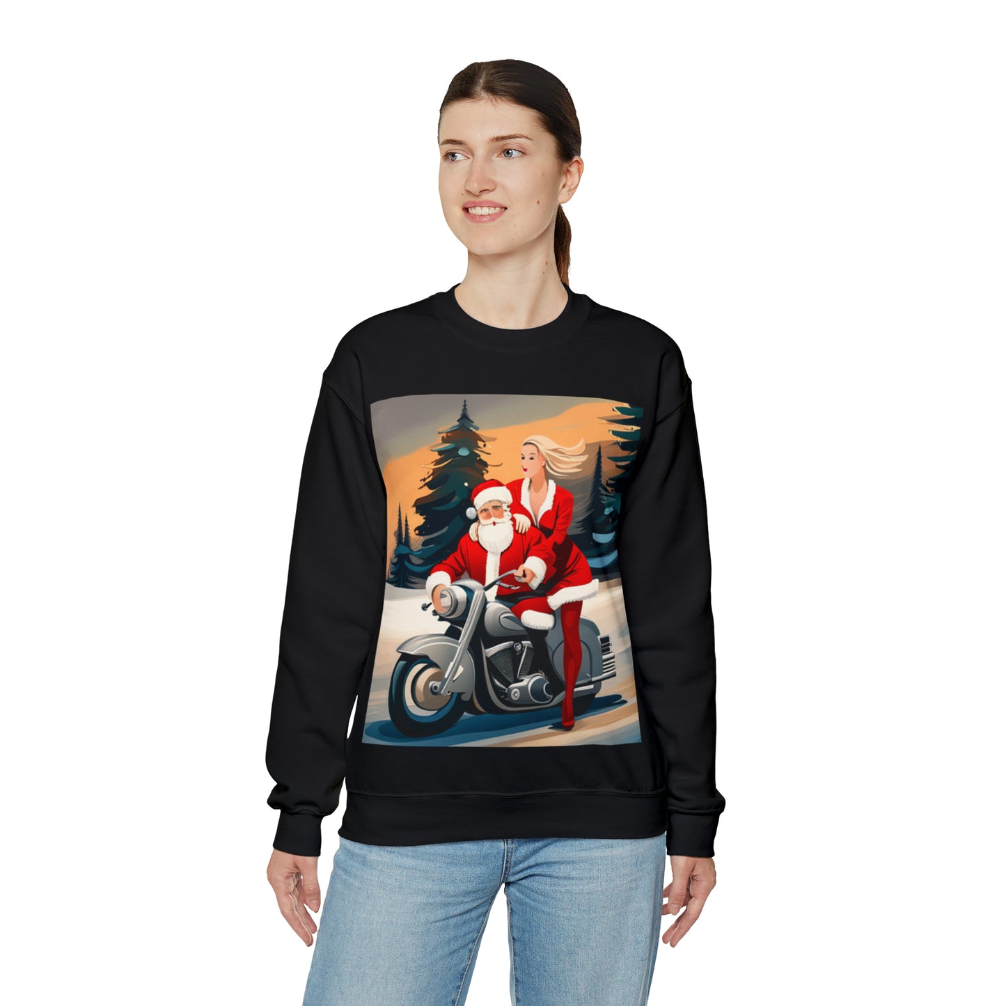 Unisex Motorcycle Biker Santa with Mrs. Claus Crewneck Sweatshirt