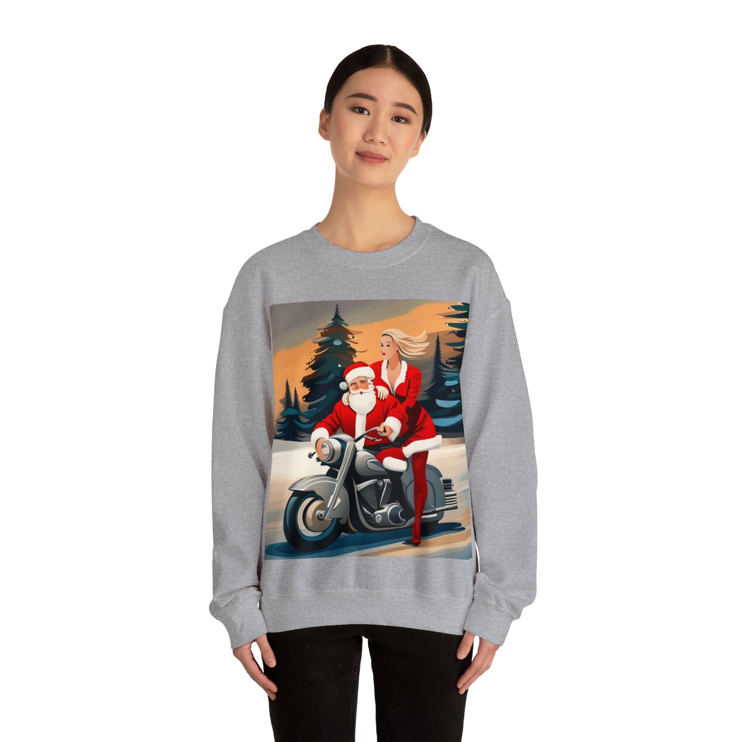 Unisex Motorcycle Biker Santa with Mrs. Claus Crewneck Sweatshirt