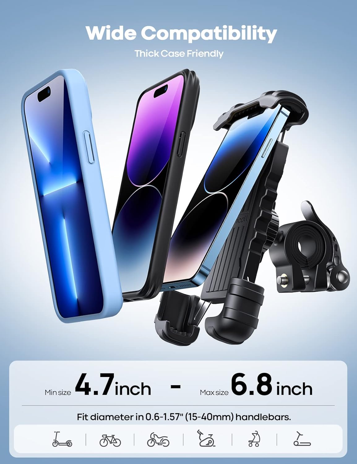 Bike Phone Holder, Motorcycle Phone Mount - for iPhone 15 Pro Max/Plus, 14 Pro Max, S9, S10 and More 4.7" to 6.8" Smartphones