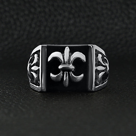 Stainless Steel Polished Black Fleur De Lis Signet Ring