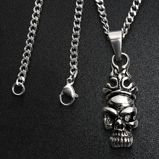 Stainless Steel Skull with Filigree Crown Curb Chain Necklace