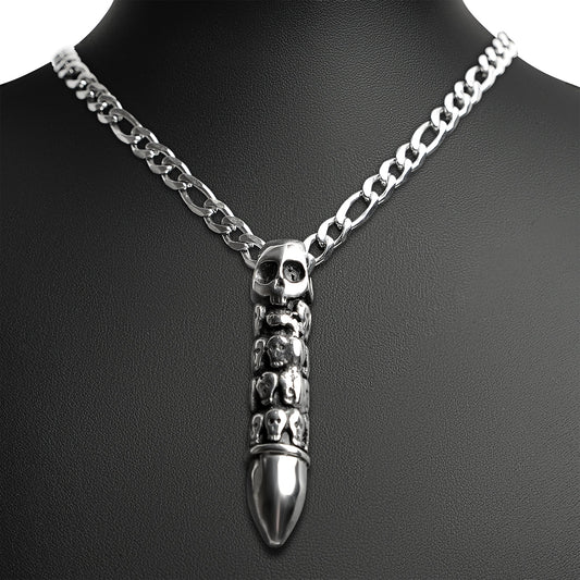 Stainless Steel Skull Covered Bullet Figaro Chain Necklace