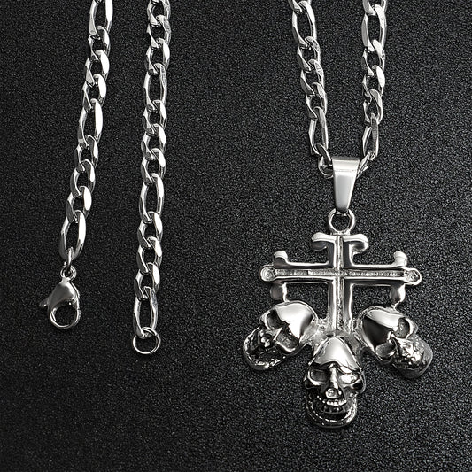 Stainless Steel Triple Skulls On Cross Figaro Chain Necklace