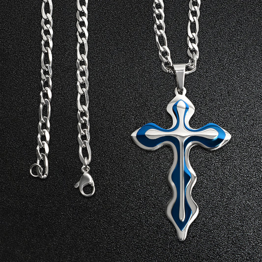 Stainless Steel And Blue Triple Layer Cross Figaro Chain Necklace
