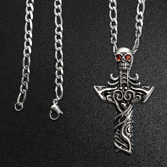 Stainless Steel Red CZ Eyed Skull Cross Figaro Chain Necklace