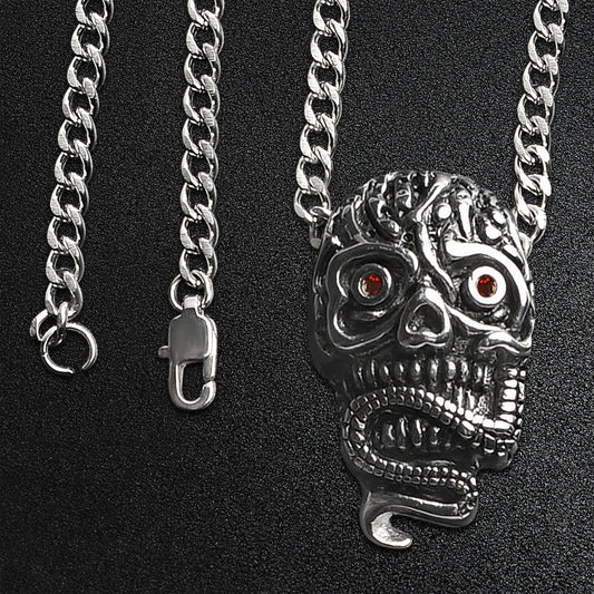 Stainless Steel Red CZ Eyed Skull With Snake Curb Chain Necklace